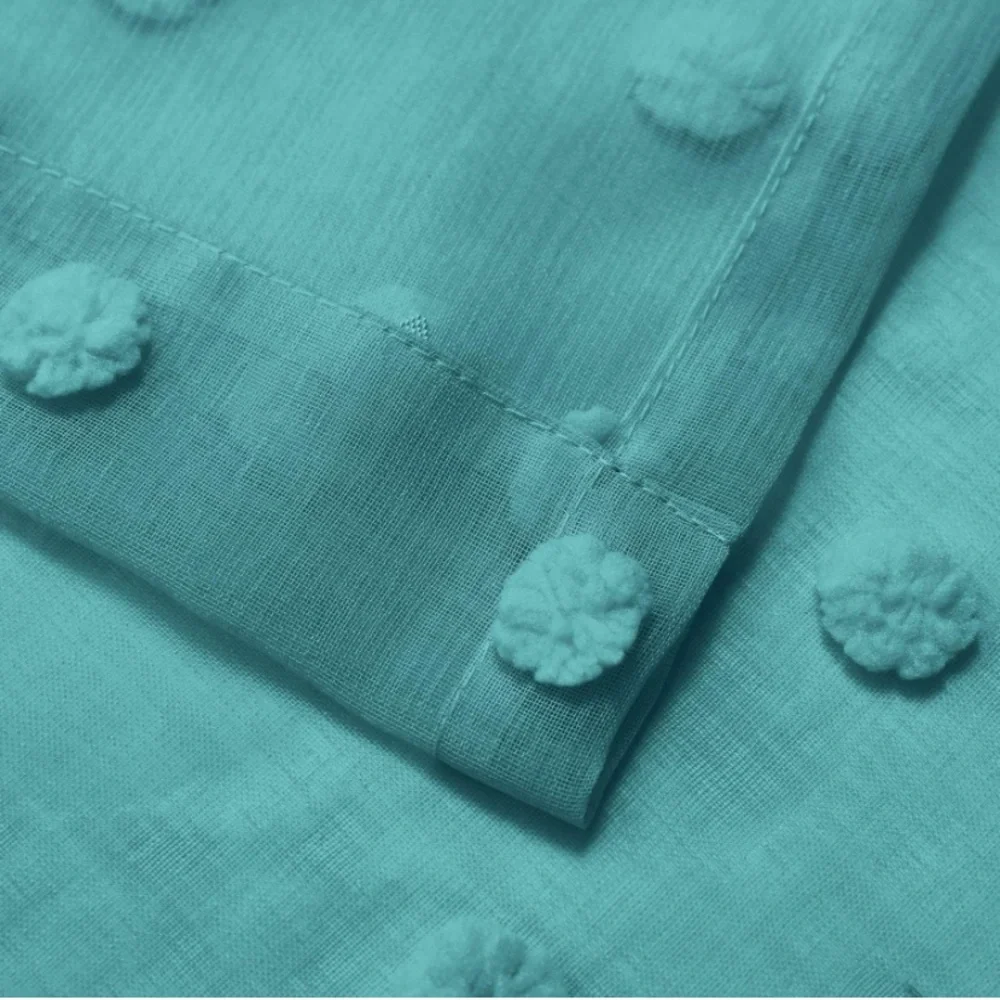 Luxury Home | Boho Chic ✨ Teal Sheer Pom Pom Textured Short Boutique Curtains